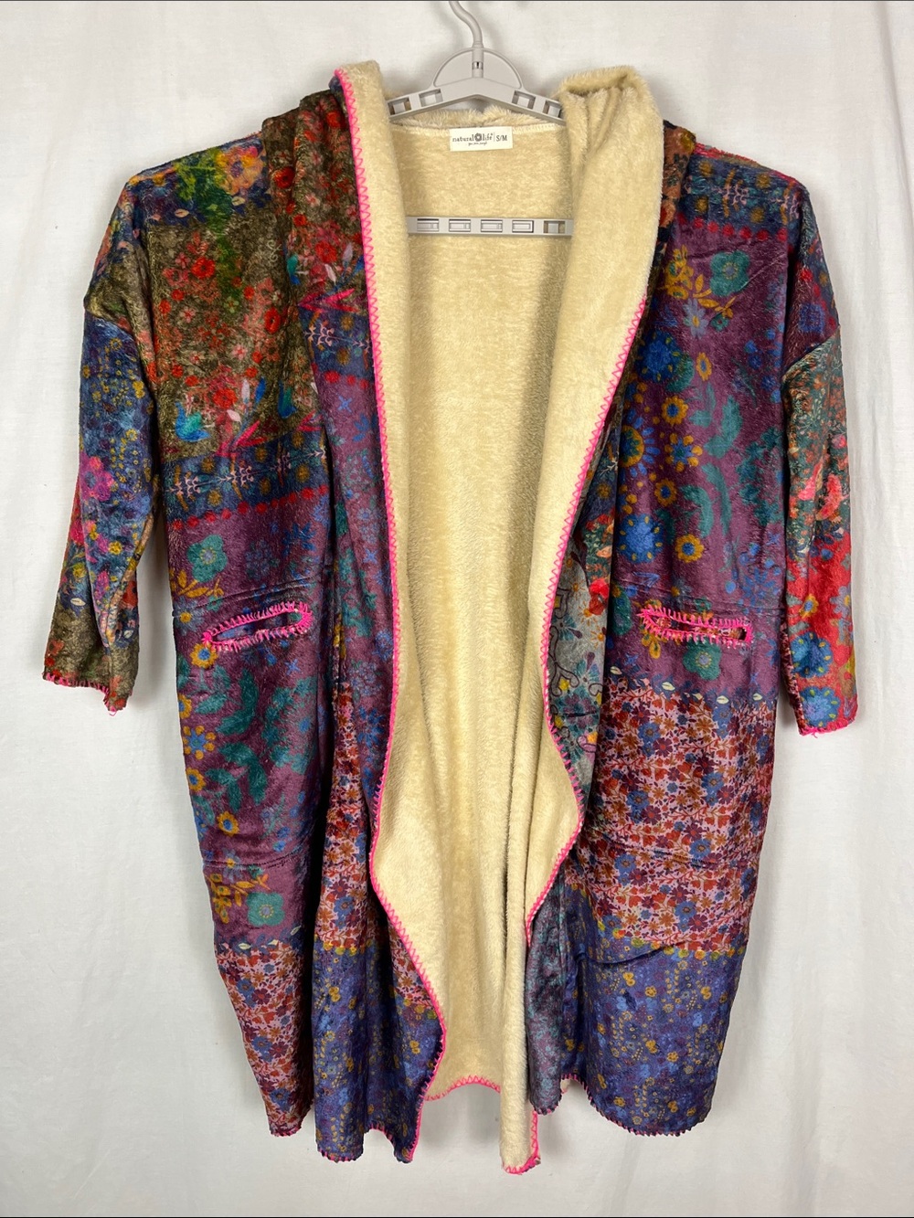 Natural Life Boho Patchwork Paisley Purple Fuzzy Sherpa Hooded Robe